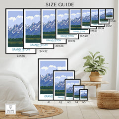 Grand Teton National Park wall art poster size guide with multiple framed print sizes displayed.