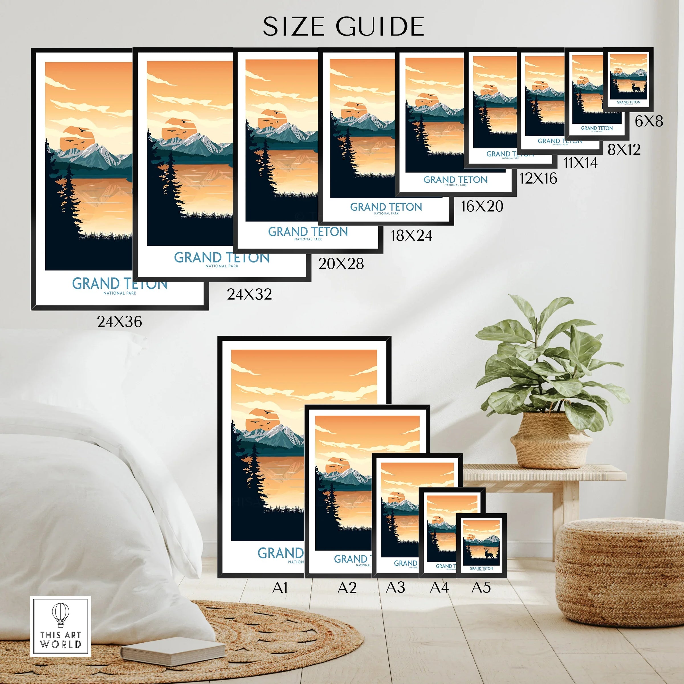 Grand Teton wall art poster size guide with sunset mountain landscape in various print sizes