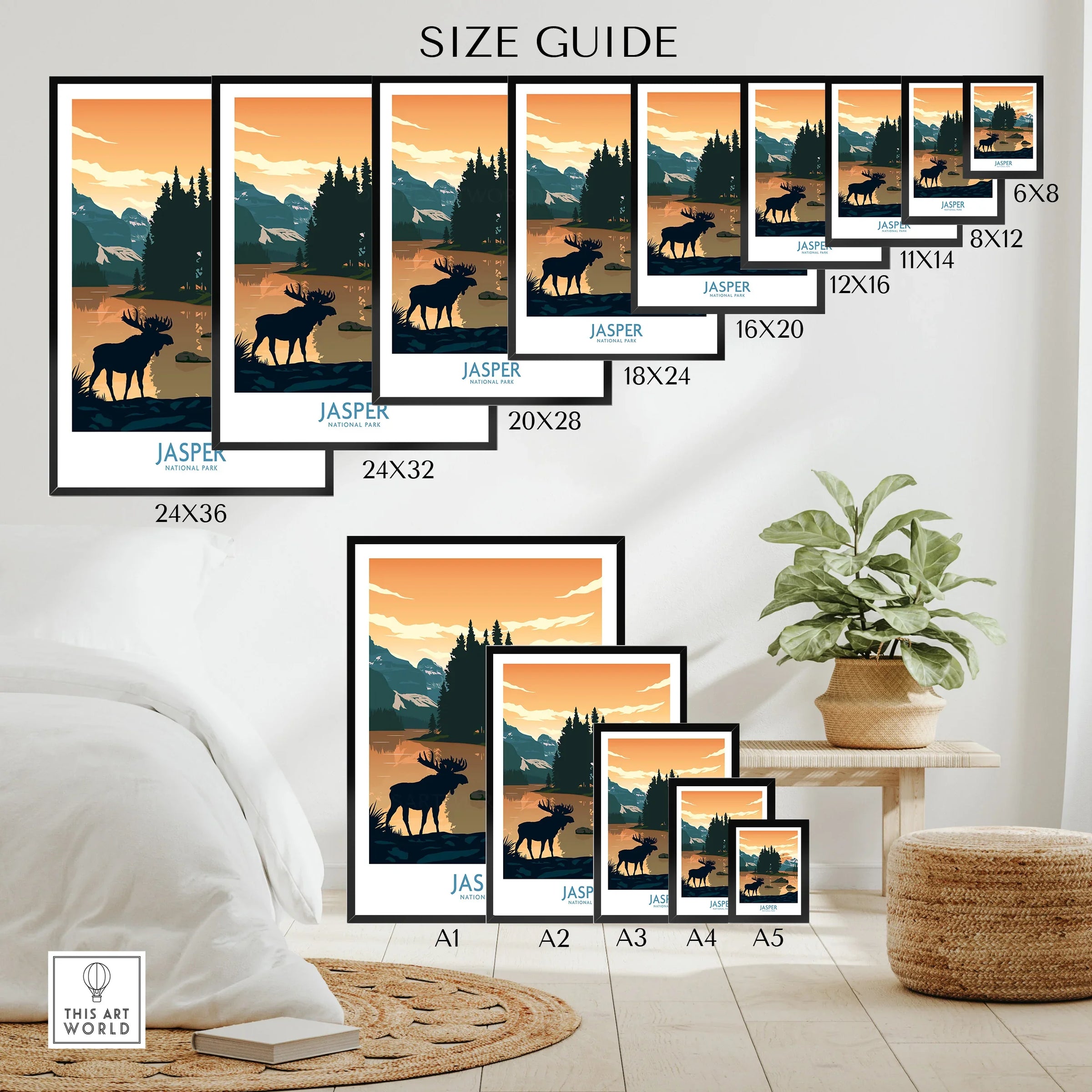 Jasper National Park wall art poster size guide with moose, mountains, and lake illustration