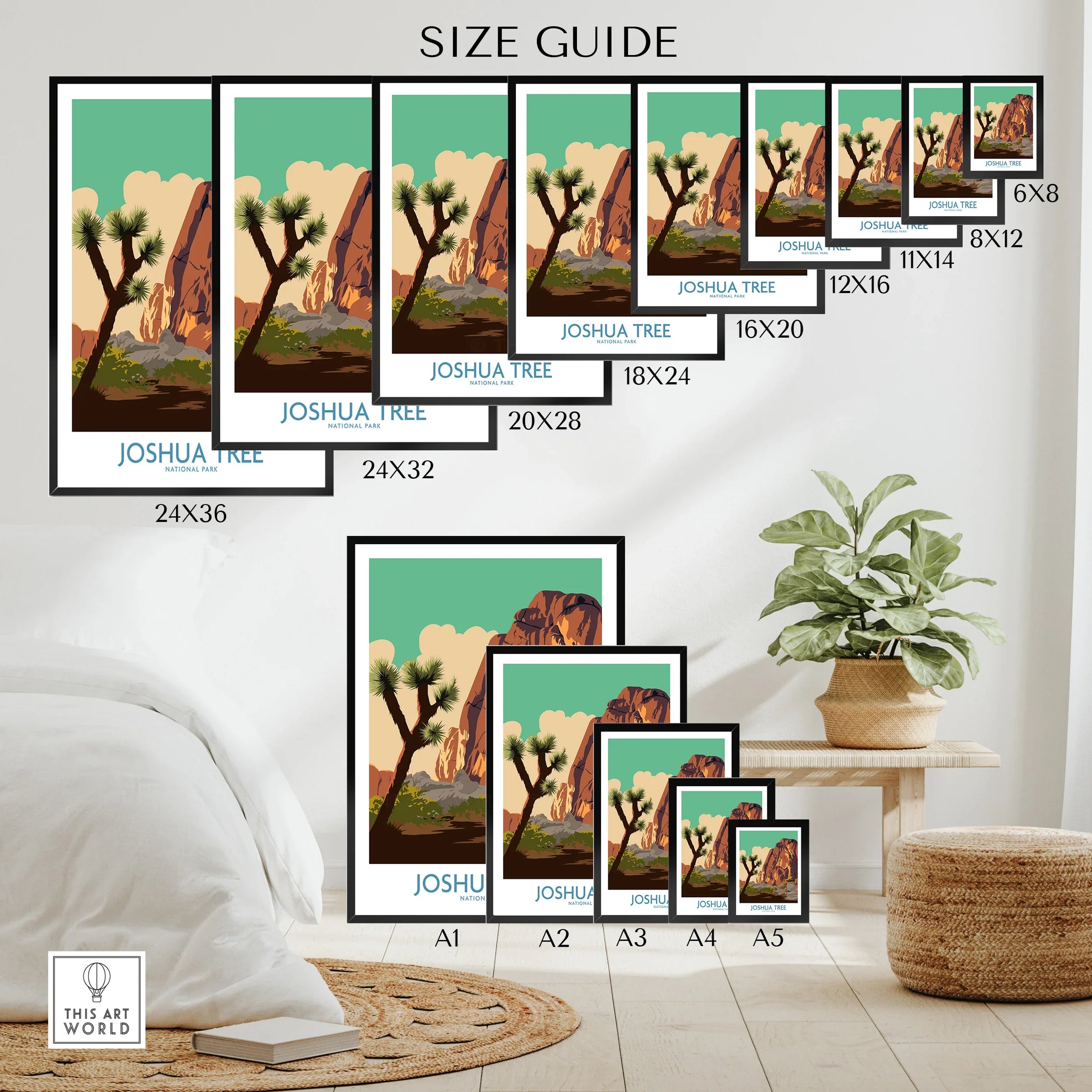 Joshua Tree National Park poster size guide, various wall art print sizes displayed in modern bedroom.