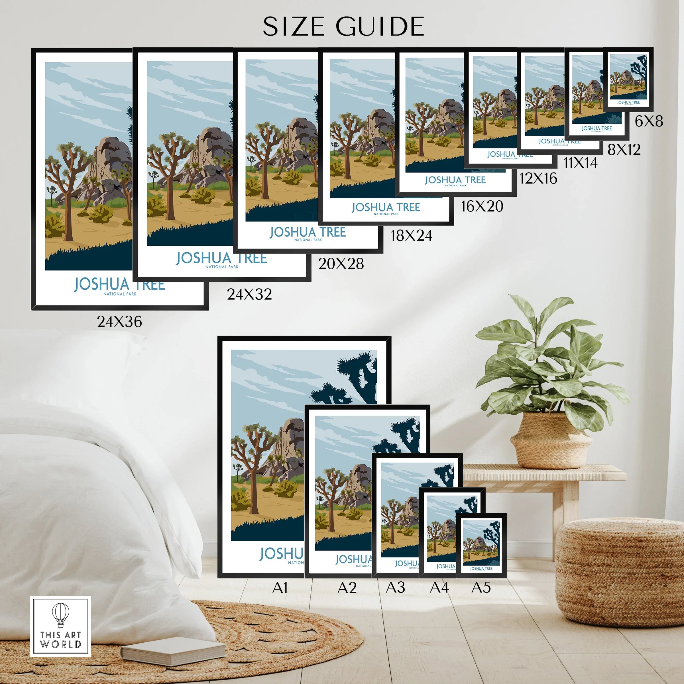 Joshua Tree National Park wall art poster size guide featuring desert landscape illustration in multiple print sizes, displayed in a modern home decor setting.