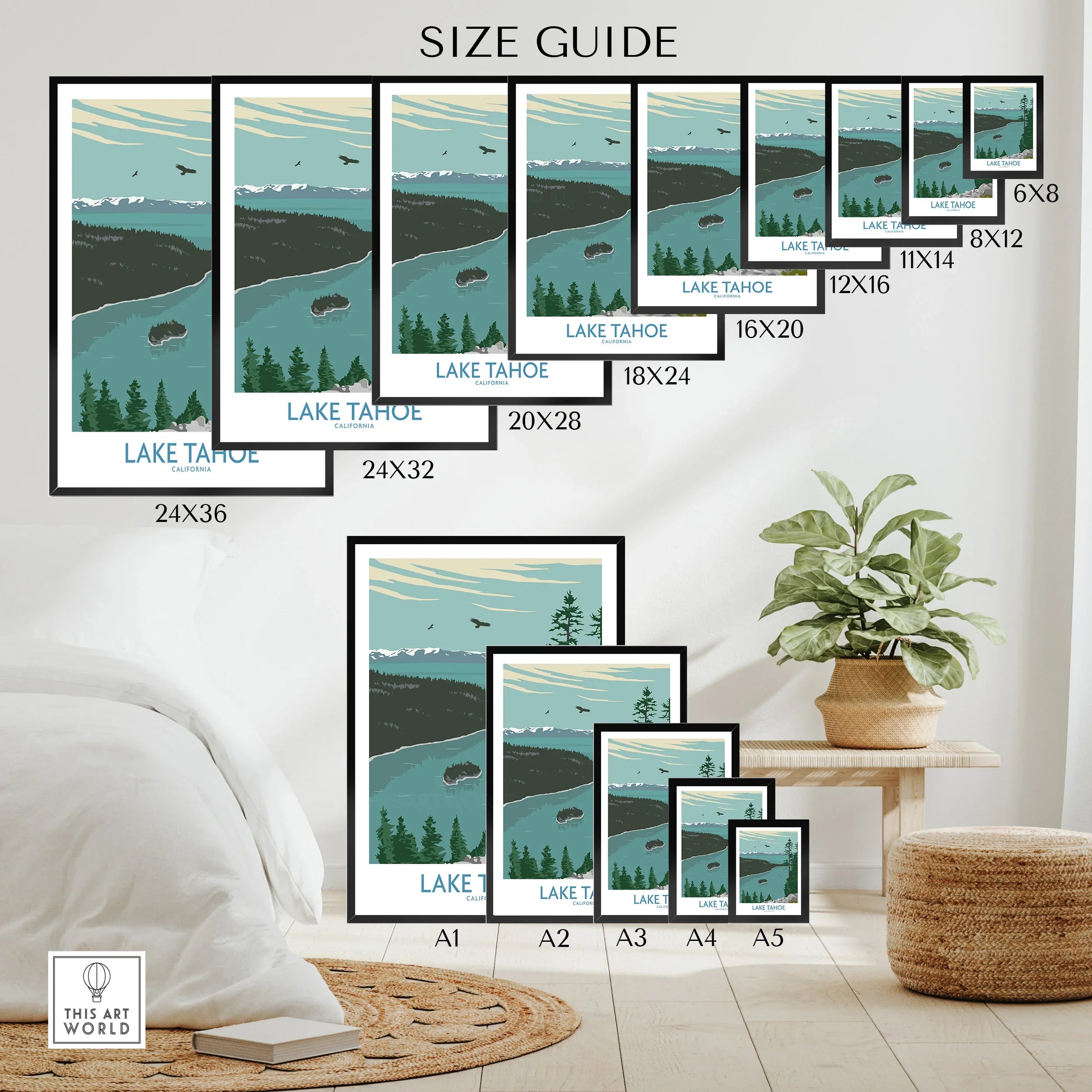 Lake Tahoe wall art size guide with nature landscape prints in various poster dimensions