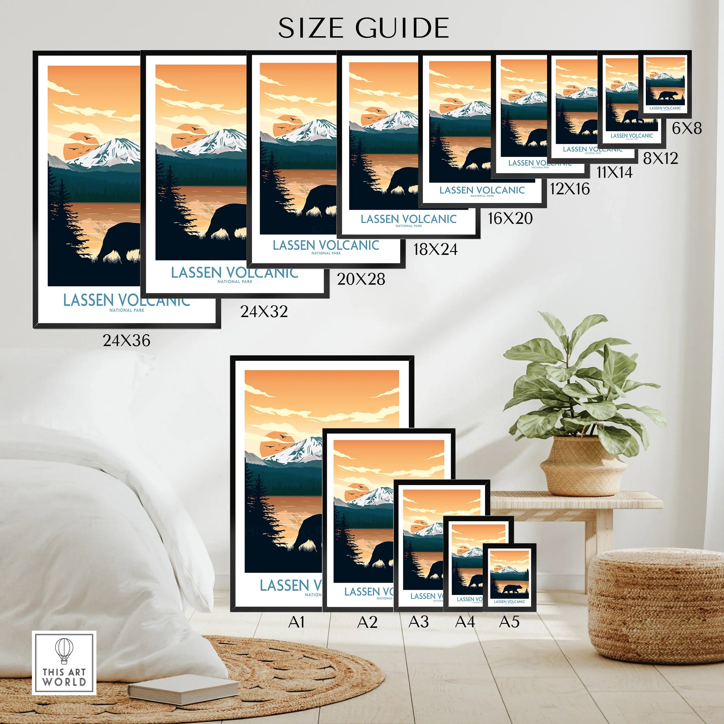Lassen Volcanic National Park wall art size guide with mountain sunset travel poster.