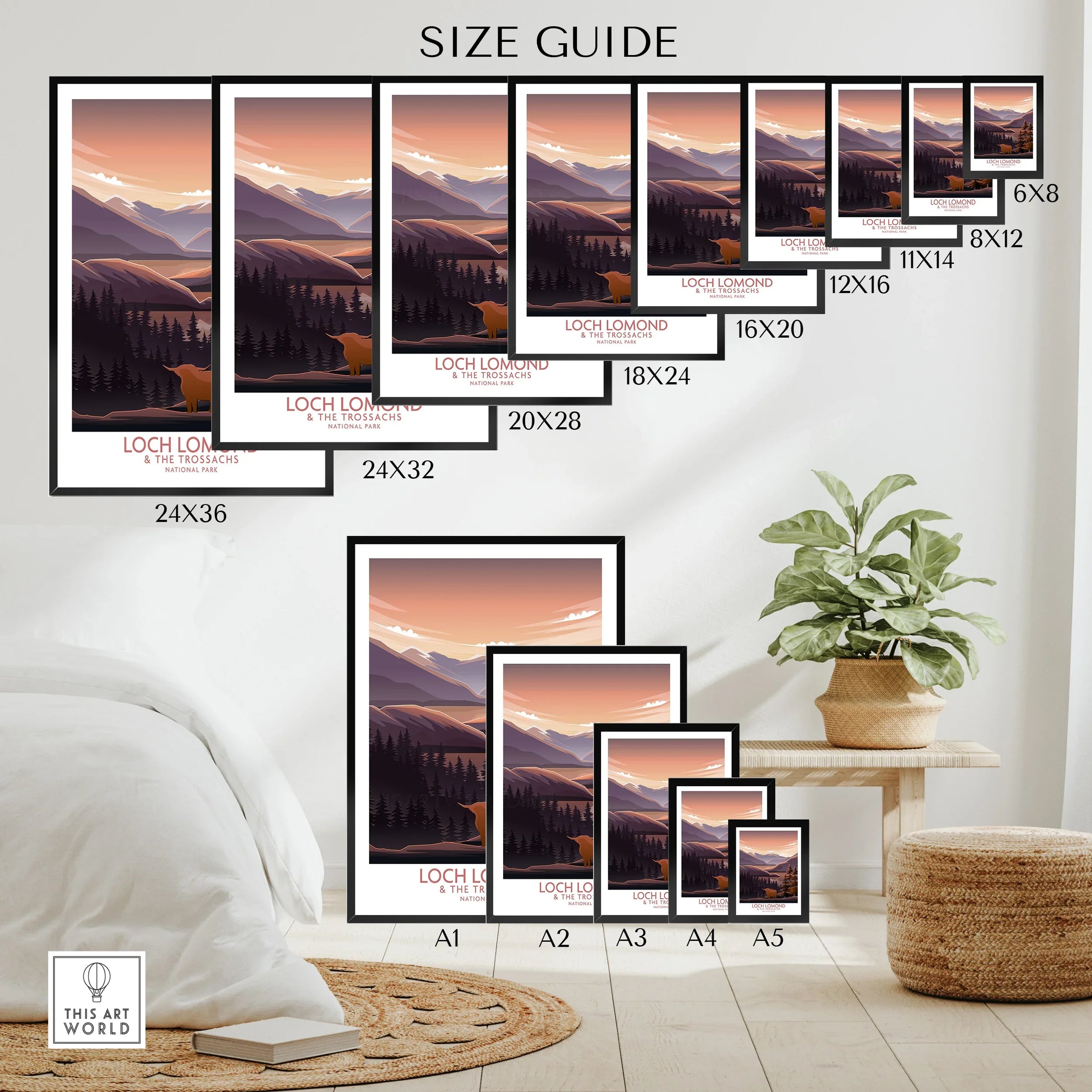 Loch Lomond travel poster wall art size guide with mountain landscape and deer.