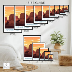 Monument Valley wall art poster size guide with desert landscape in multiple frame sizes.