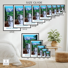 Mount Rainier National Park wall art poster size guide with waterfall and mountain illustration.