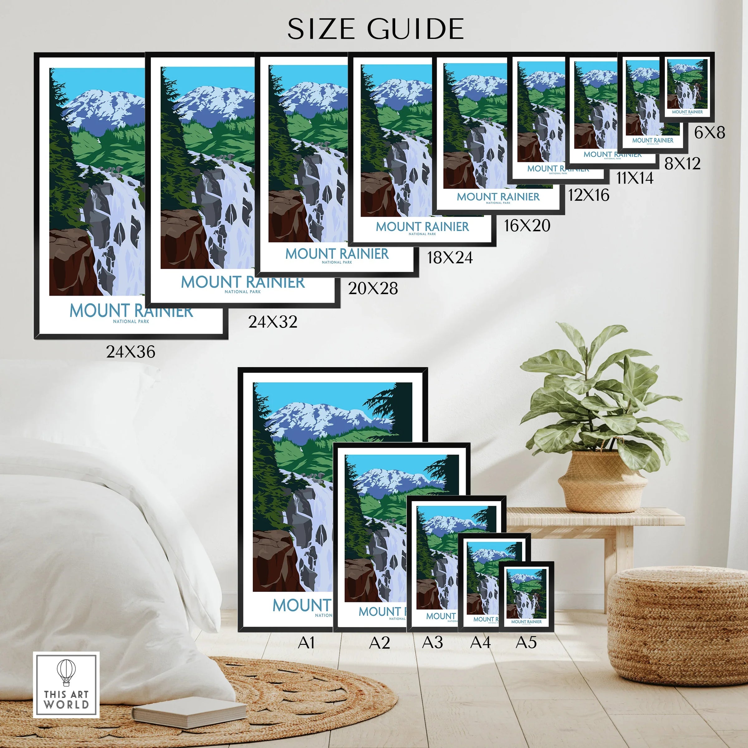Mount Rainier National Park wall art poster size guide with waterfall and mountain illustration.