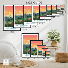 Mount Rainier National Park wall art poster size guide, sunset mountain landscape print