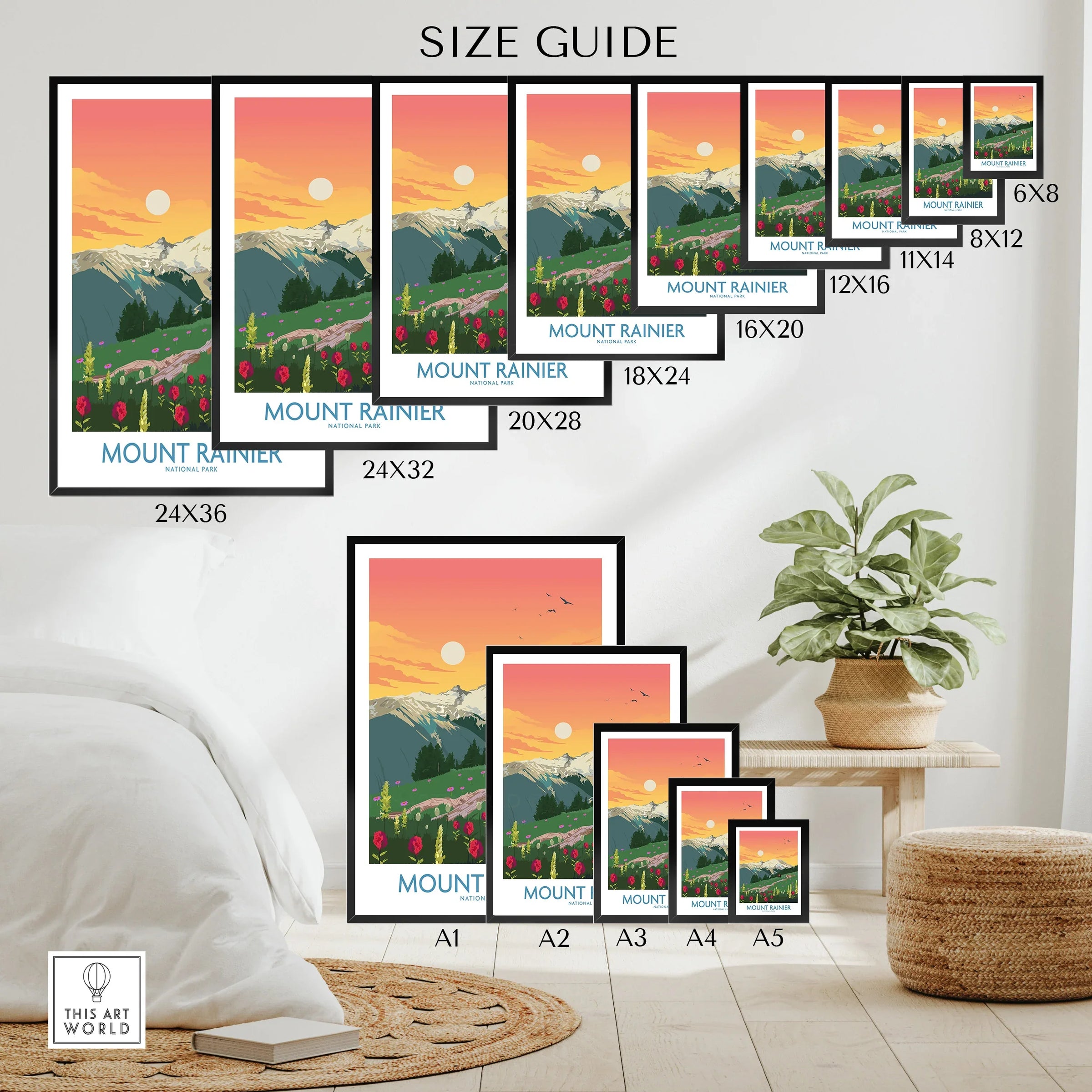 Mount Rainier National Park wall art poster size guide, sunset mountain landscape print