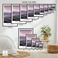 Wall art poster size guide showing New Forest National Park landscape print in various frames.