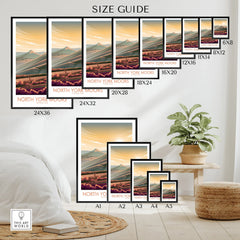 North York Moors wall art print size guide with landscape poster in various frame sizes
