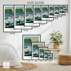 Olympic National Park travel poster wall art size guide with coastal landscape and deer