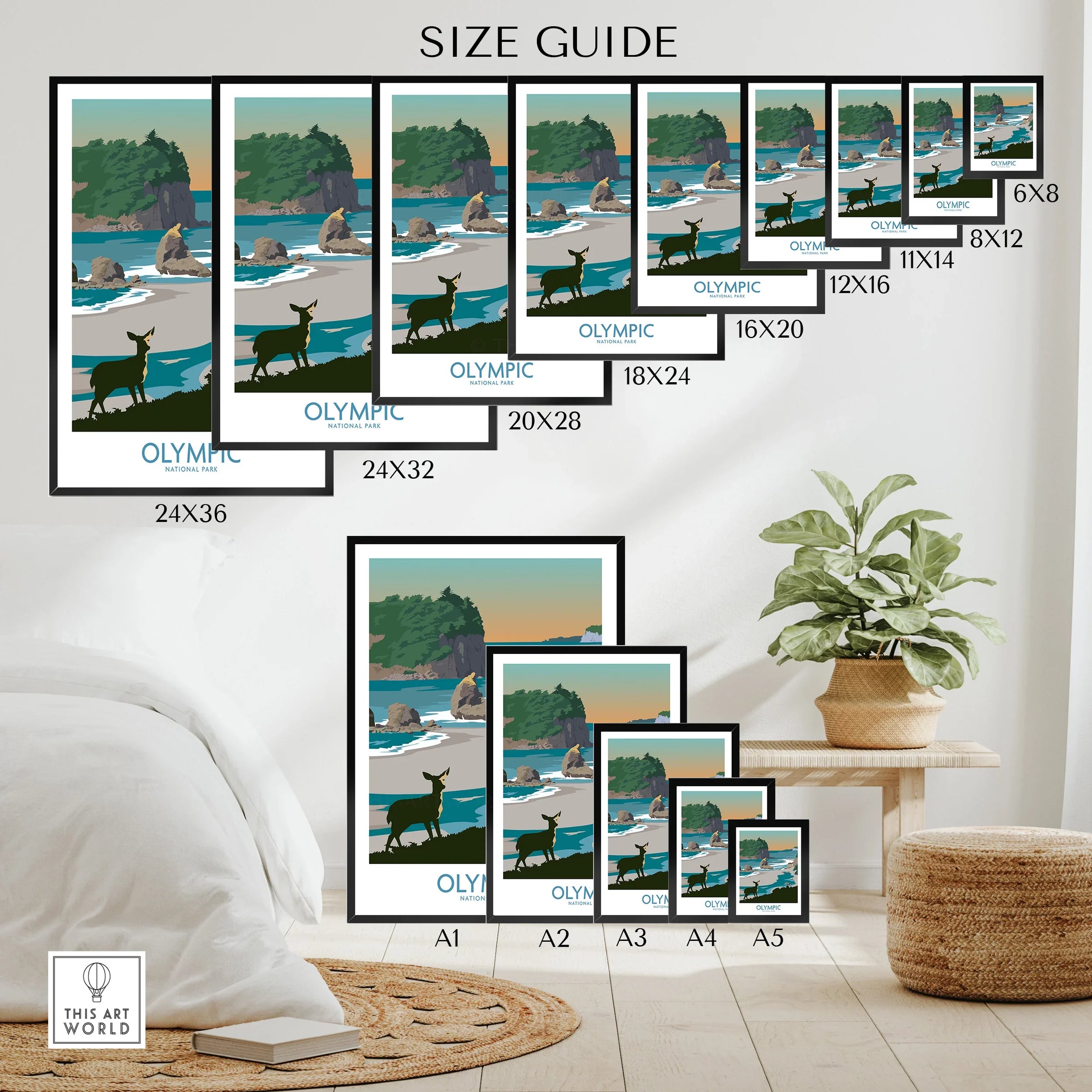 Olympic National Park travel poster wall art size guide with coastal landscape and deer