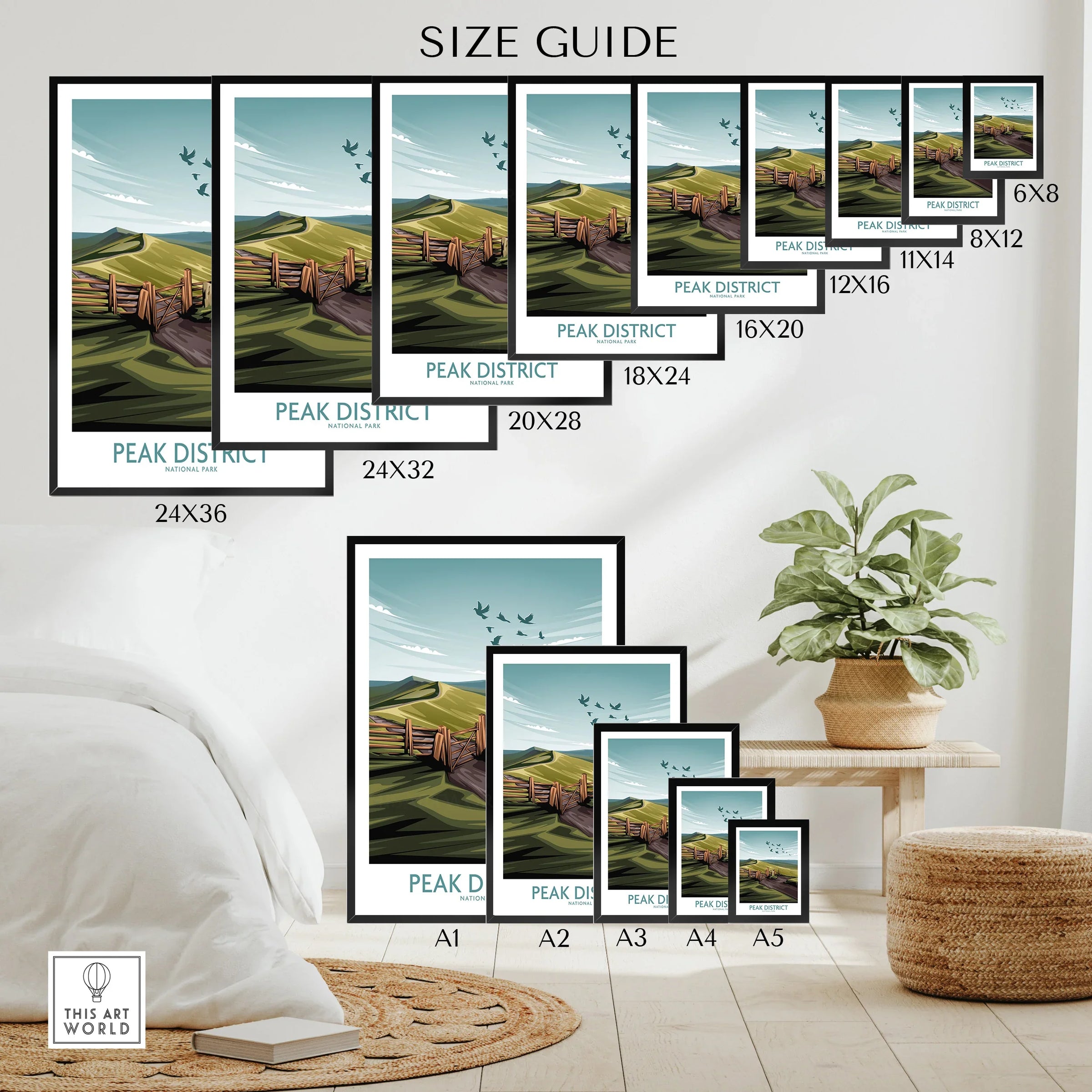 Peak District wall art poster size guide showing landscape prints in various frame sizes, modern decor setting.
