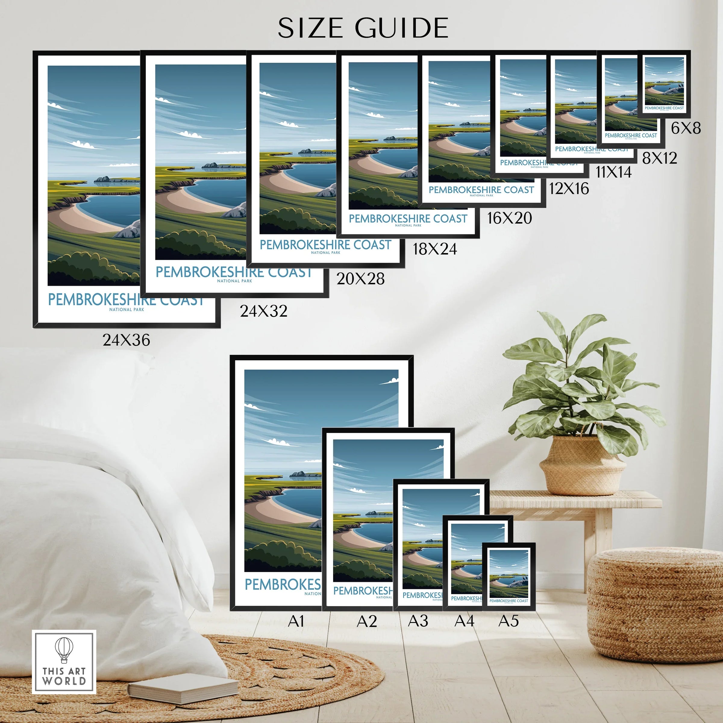 Pembrokeshire Coast wall art poster size guide with landscape print in modern bedroom.
