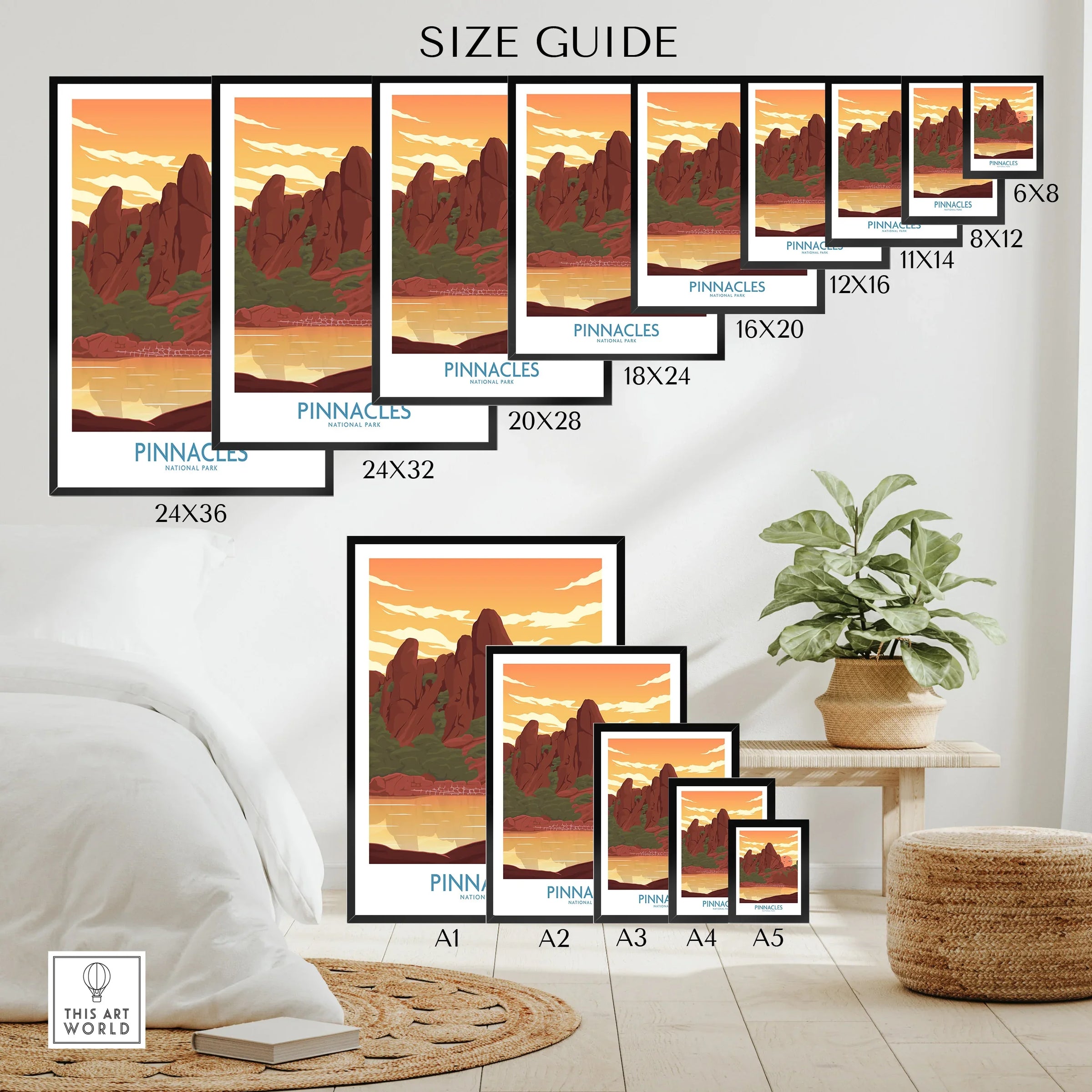 Wall art poster size guide featuring Pinnacles National Park landscape print in various sizes.