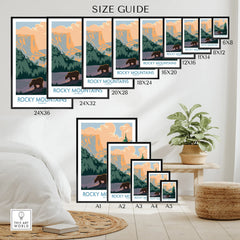 Rocky Mountains Colorado wall art size guide with bear, forest, and mountain landscape poster options.