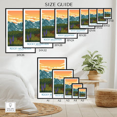 Rocky Mountain National Park wall art poster size guide with framed nature prints displayed in a modern bedroom.