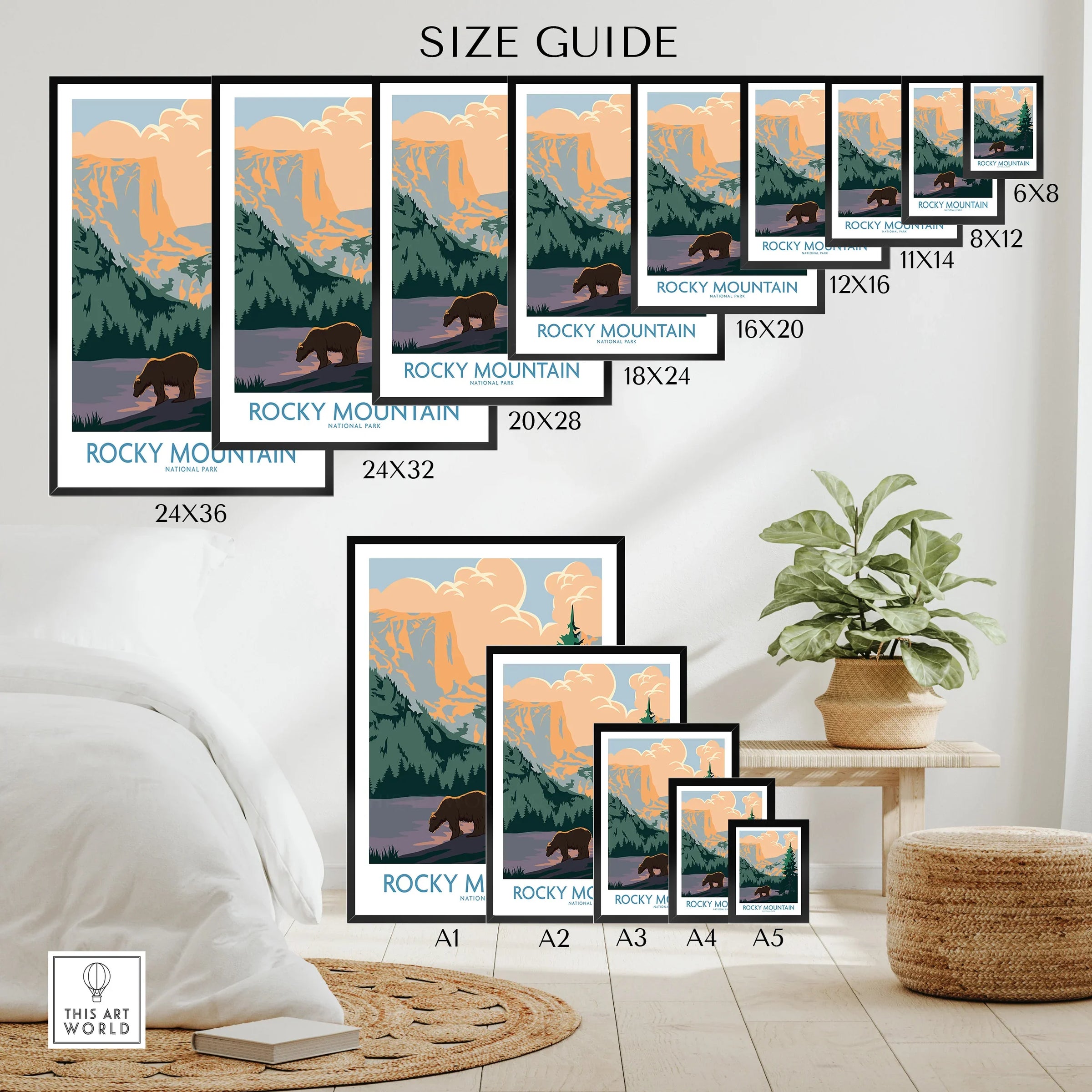 Rocky Mountain wall art poster size guide featuring a bear, mountains, and various print sizes.