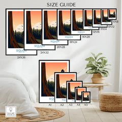 Sequoia National Park wall art poster size guide with sunrise forest illustration.