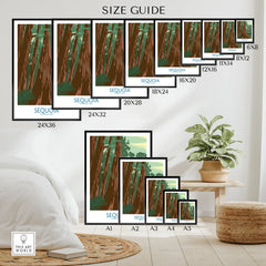 Sequoia National Park wall art poster size guide in modern bedroom setting.