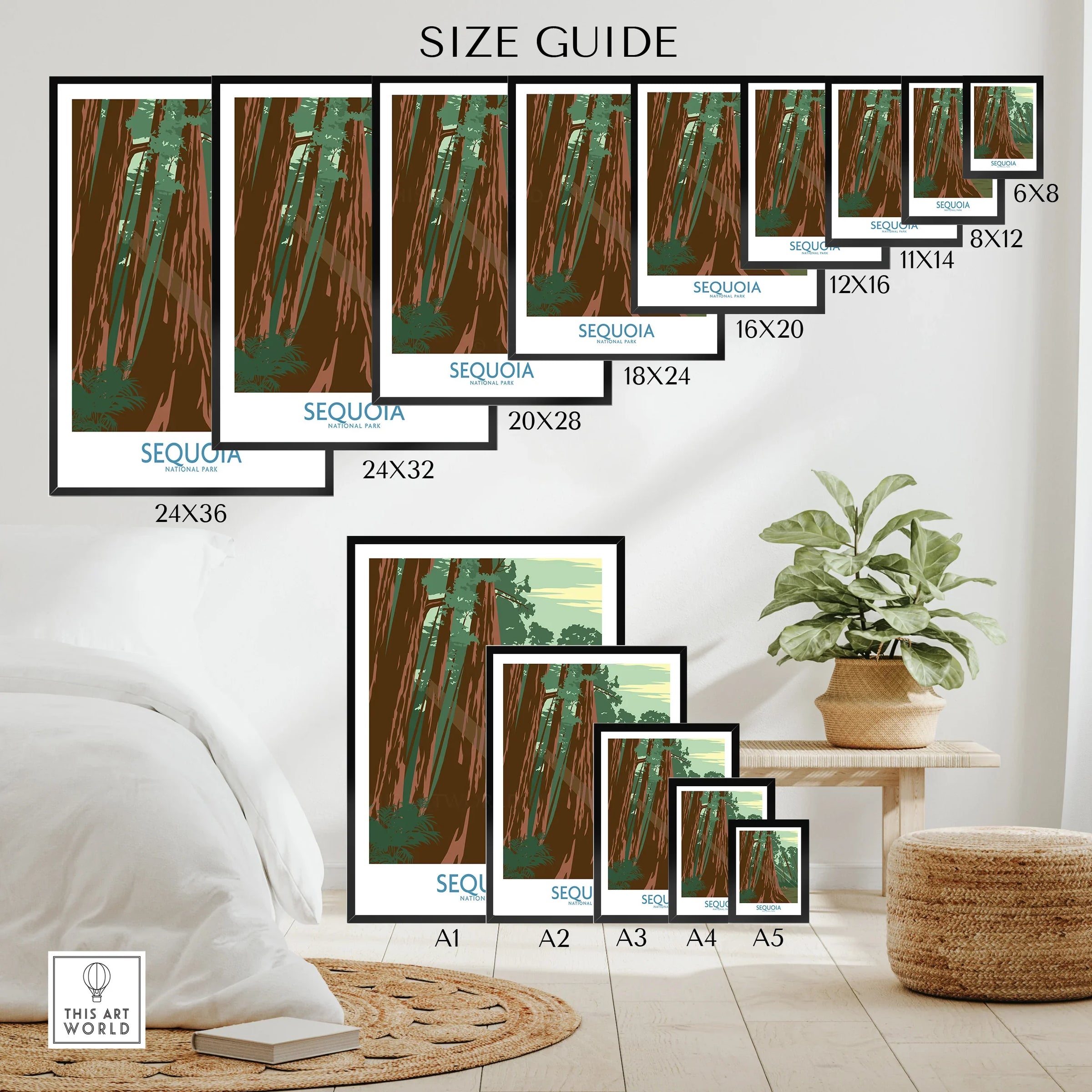 Sequoia National Park wall art poster size guide in modern bedroom setting.