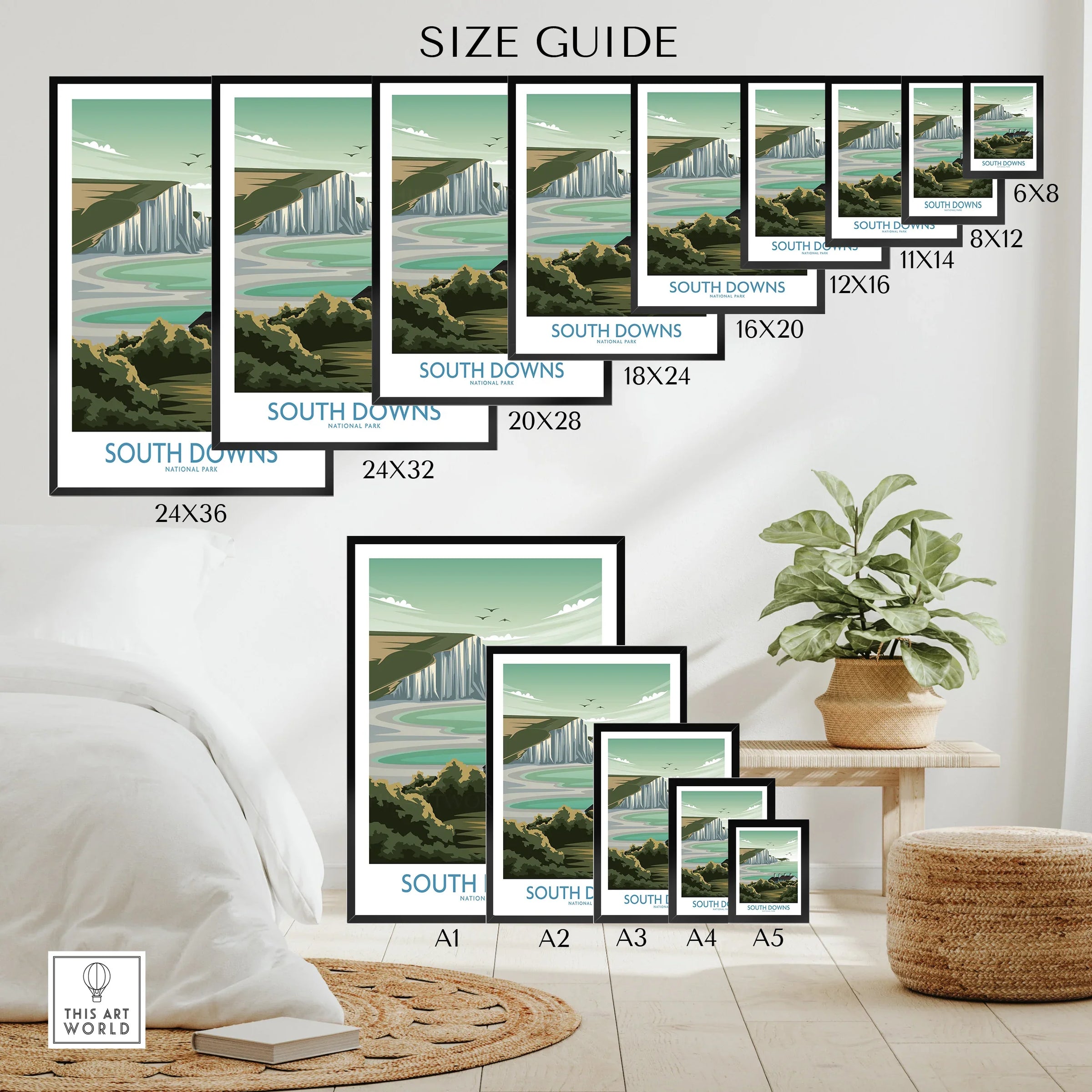 South Downs travel poster wall art size guide with landscape prints displayed in various frame sizes in a modern room.
