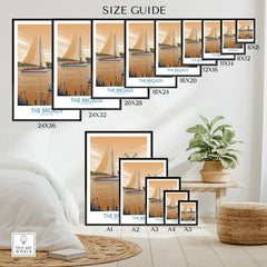 Sailboat wall art poster size guide with multiple print size options in a cozy bedroom setting.