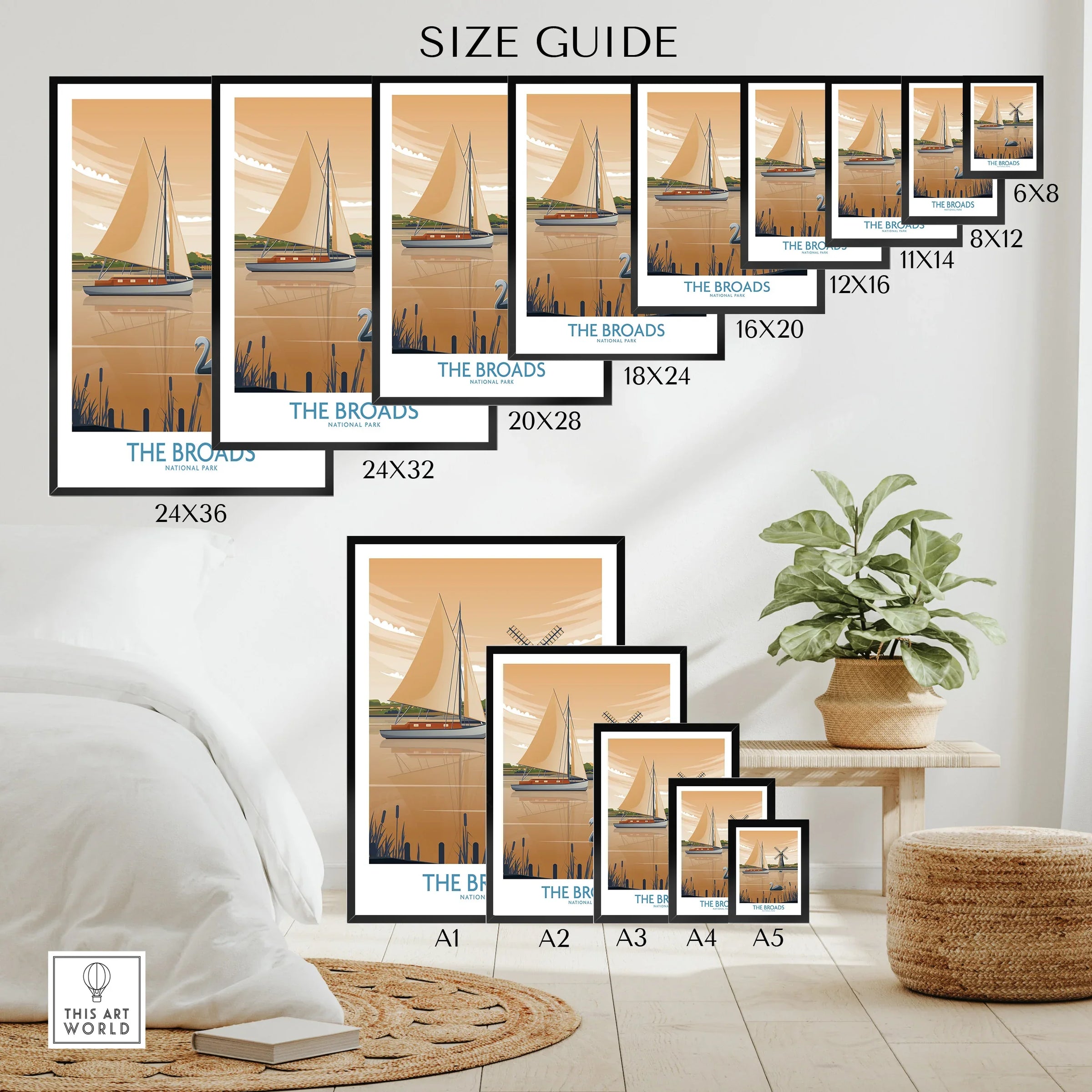 Sailboat wall art poster size guide with multiple print size options in a cozy bedroom setting.