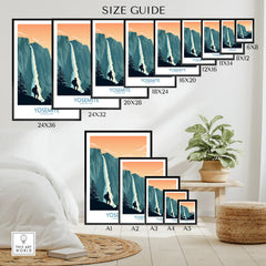 Yosemite National Park waterfall wall art poster size guide with multiple print sizes displayed in a modern bedroom setting.