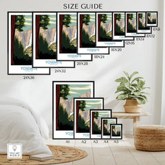 Yosemite National Park art print poster size guide displayed in modern home decor setting