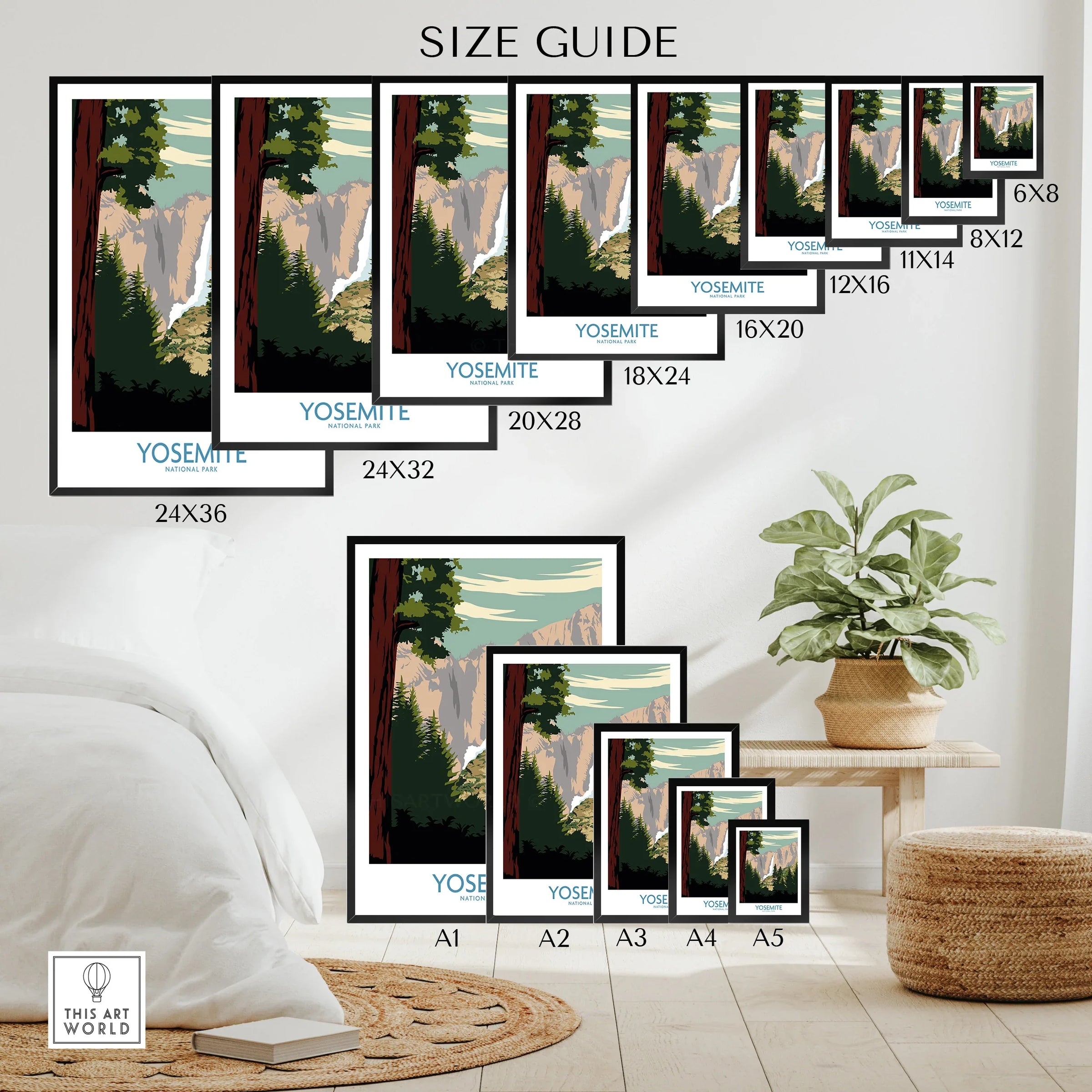 Yosemite National Park art print poster size guide displayed in modern home decor setting