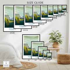 Yosemite National Park wall art poster size guide with various print sizes displayed in a modern room.