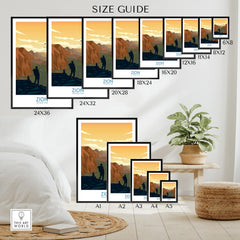 Zion National Park poster size guide showing landscape wall art options above a bed and plant.