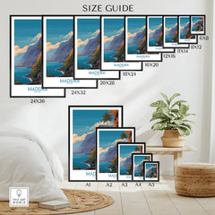 Madeira Portugal travel poster size comparison guide for wall art, displayed in a modern room