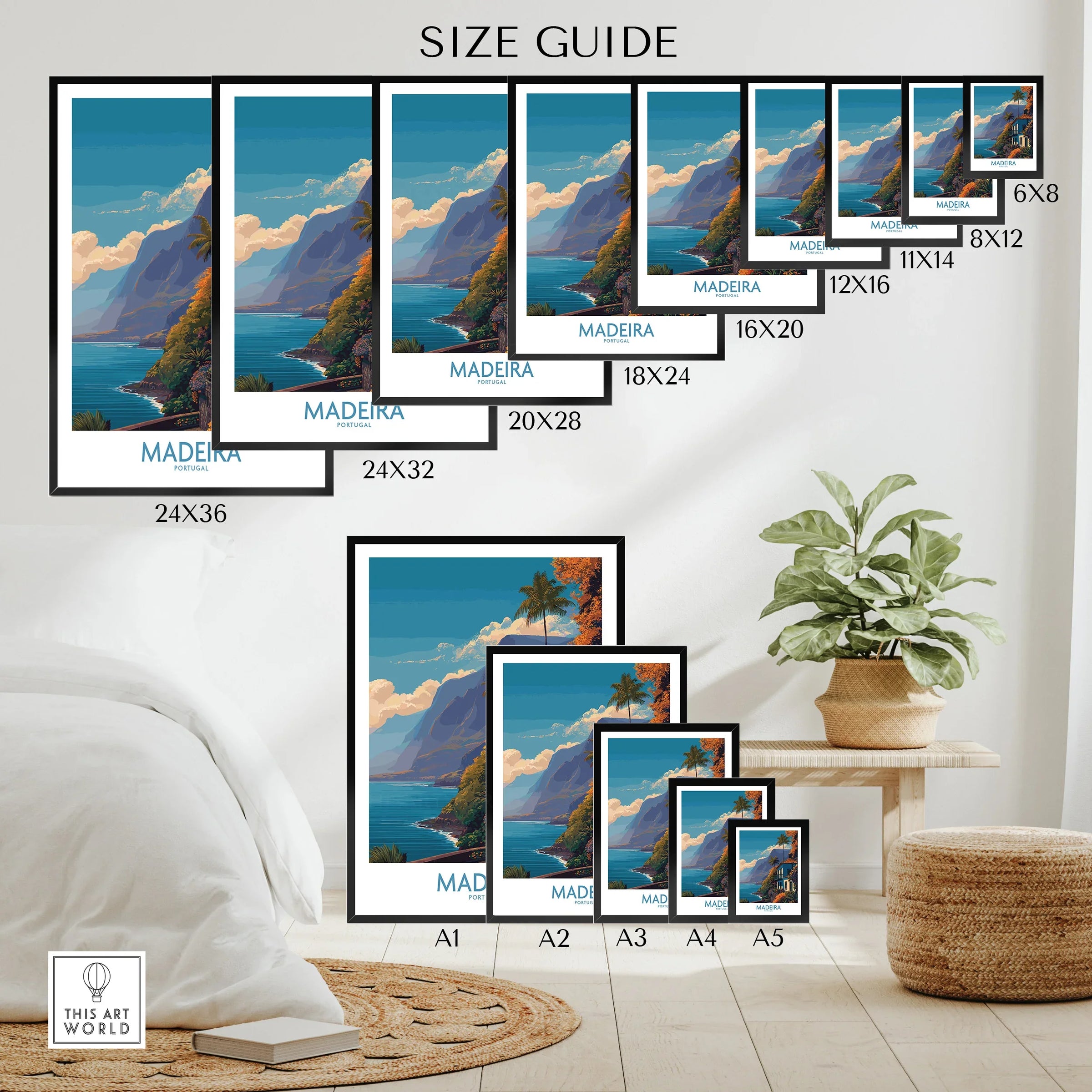 Madeira Portugal travel poster size comparison guide for wall art, displayed in a modern room