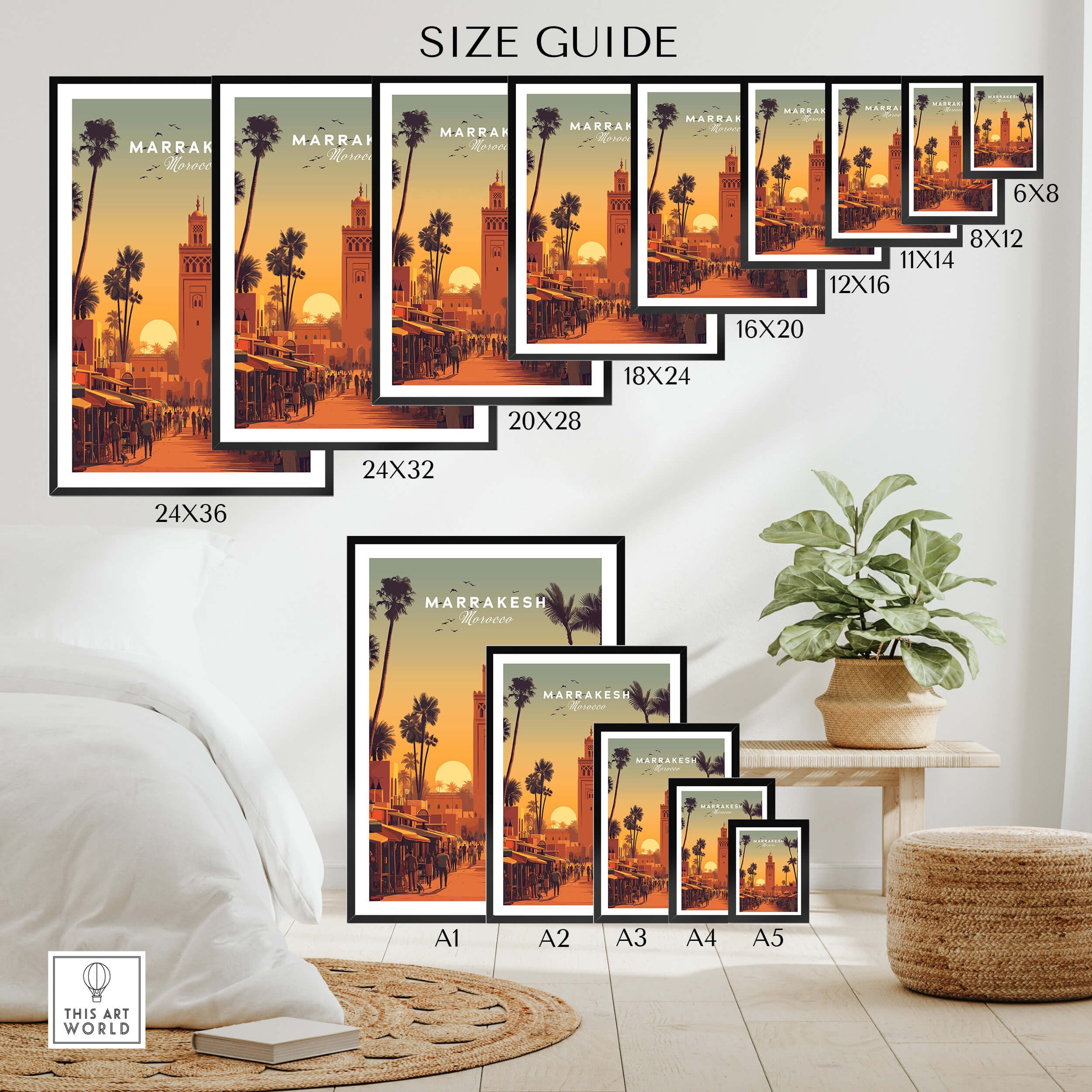 Marrakesh Morocco Wall Art Print | Koutoubia Mosque Travel Posters various sizes displayed in a stylish room setting