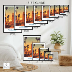 Marrakesh Morocco Posters | Historic Medina Sunset Canvas Print size guide showcasing various sizes of the artwork.