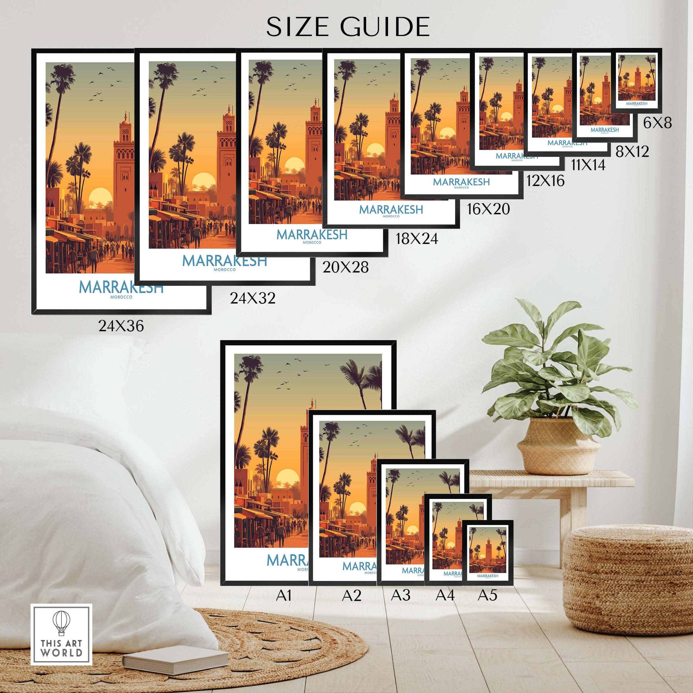 Marrakesh Morocco Posters | Historic Medina Sunset Canvas Print size guide showcasing various sizes of the artwork.