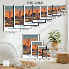 Marrakesh Morocco Canvas Art Print | Jemaa el-Fnaa Market Scene Poster size guide showcasing various frame sizes.