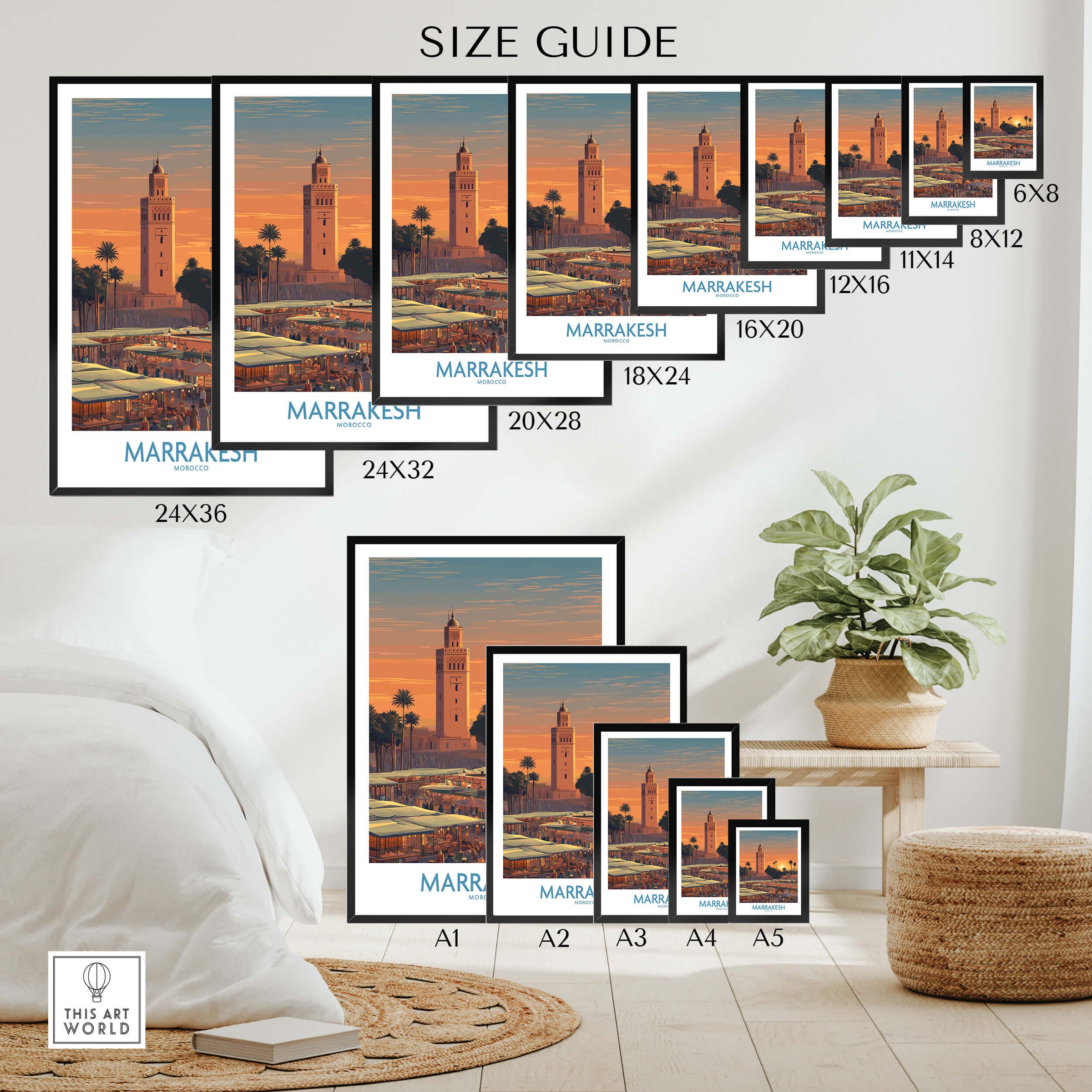Marrakesh Morocco Canvas Art Print | Jemaa el-Fnaa Market Scene Poster size guide showcasing various frame sizes.