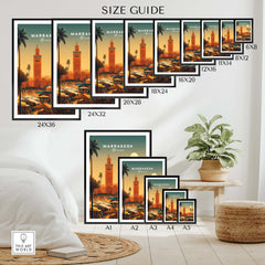 Marrakesh Morocco Wall Art Print | Bustling City Market Travel Posters size guide showcasing various frame dimensions.