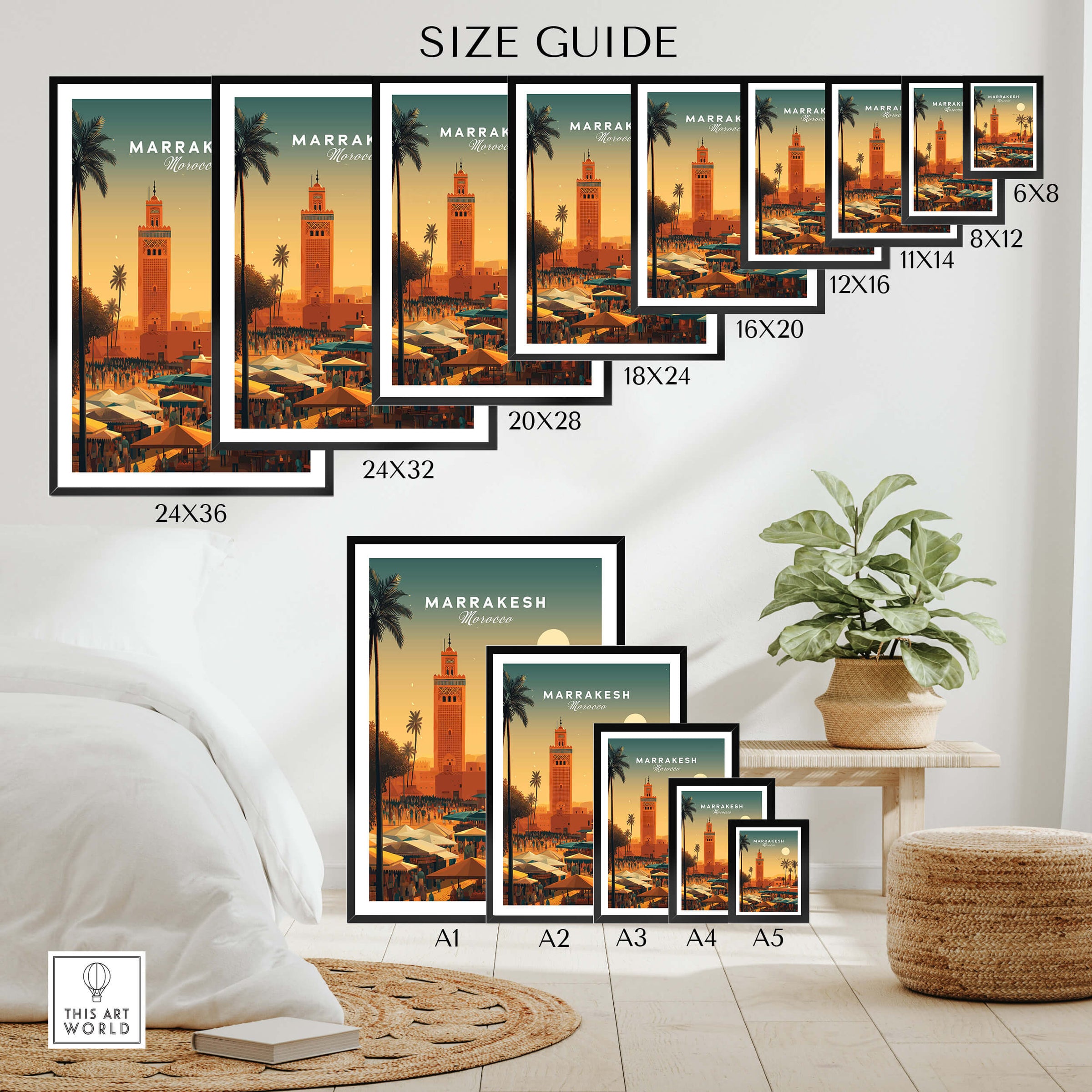 Marrakesh Morocco Wall Art Print | Bustling City Market Travel Posters size guide showcasing various frame dimensions.