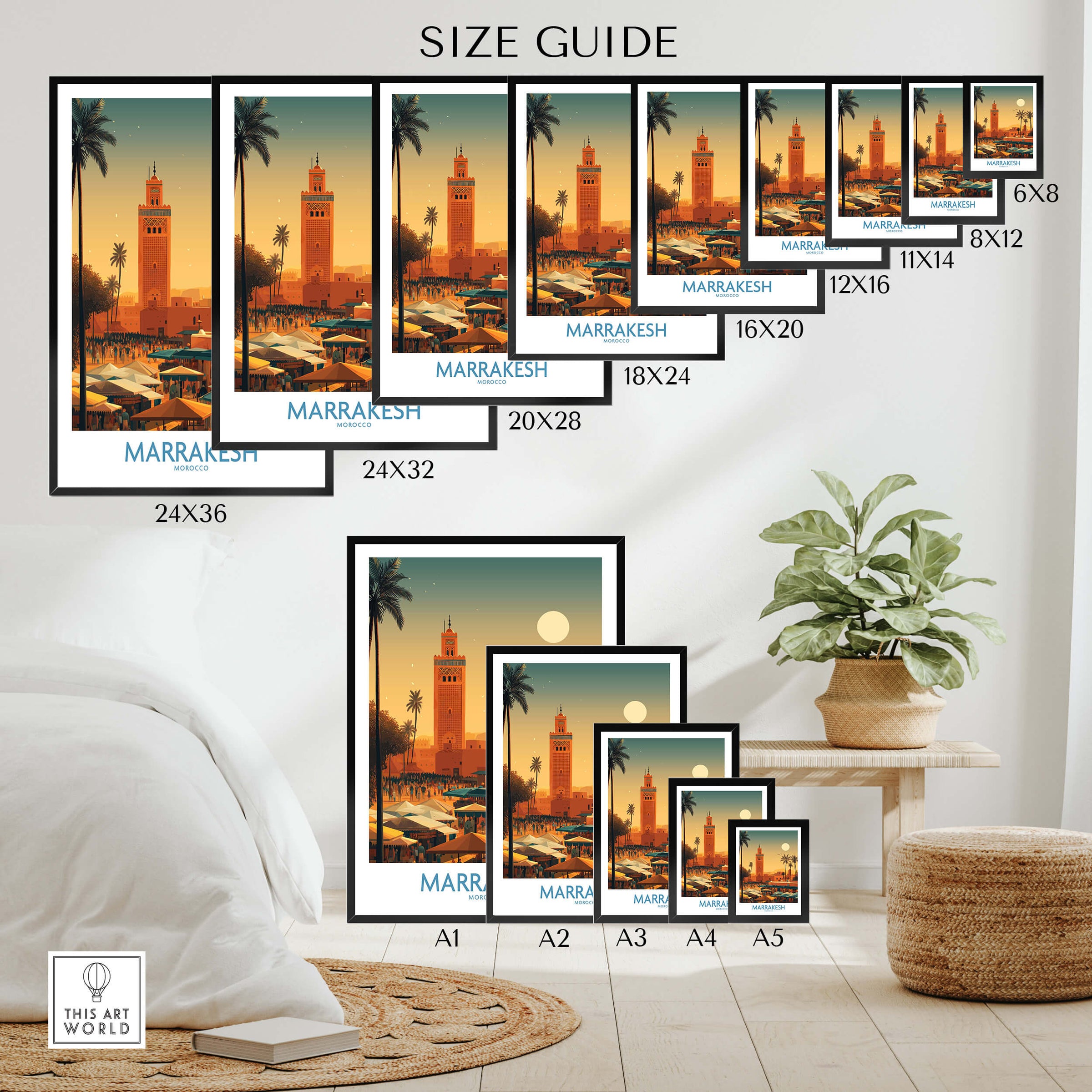 Marrakesh Morocco Poster | Traditional Moroccan Architecture Canvas Print size guide with various frame sizes.