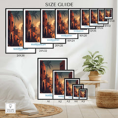 Marrakesh Morocco Poster | Romantic Moroccan Twilight Canvas Print size guide with various frame dimensions.