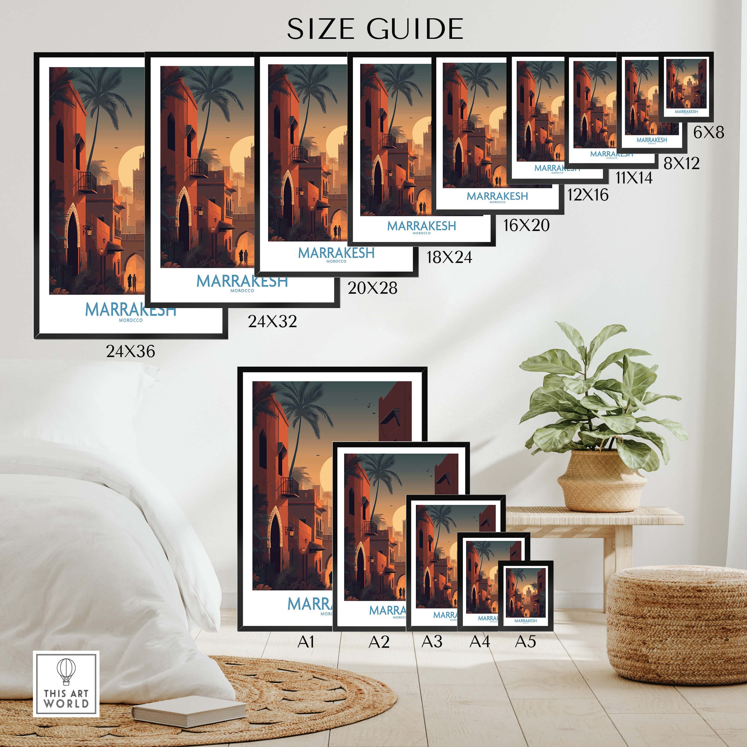 Marrakesh Morocco Poster | Romantic Moroccan Twilight Canvas Print size guide with various frame dimensions.