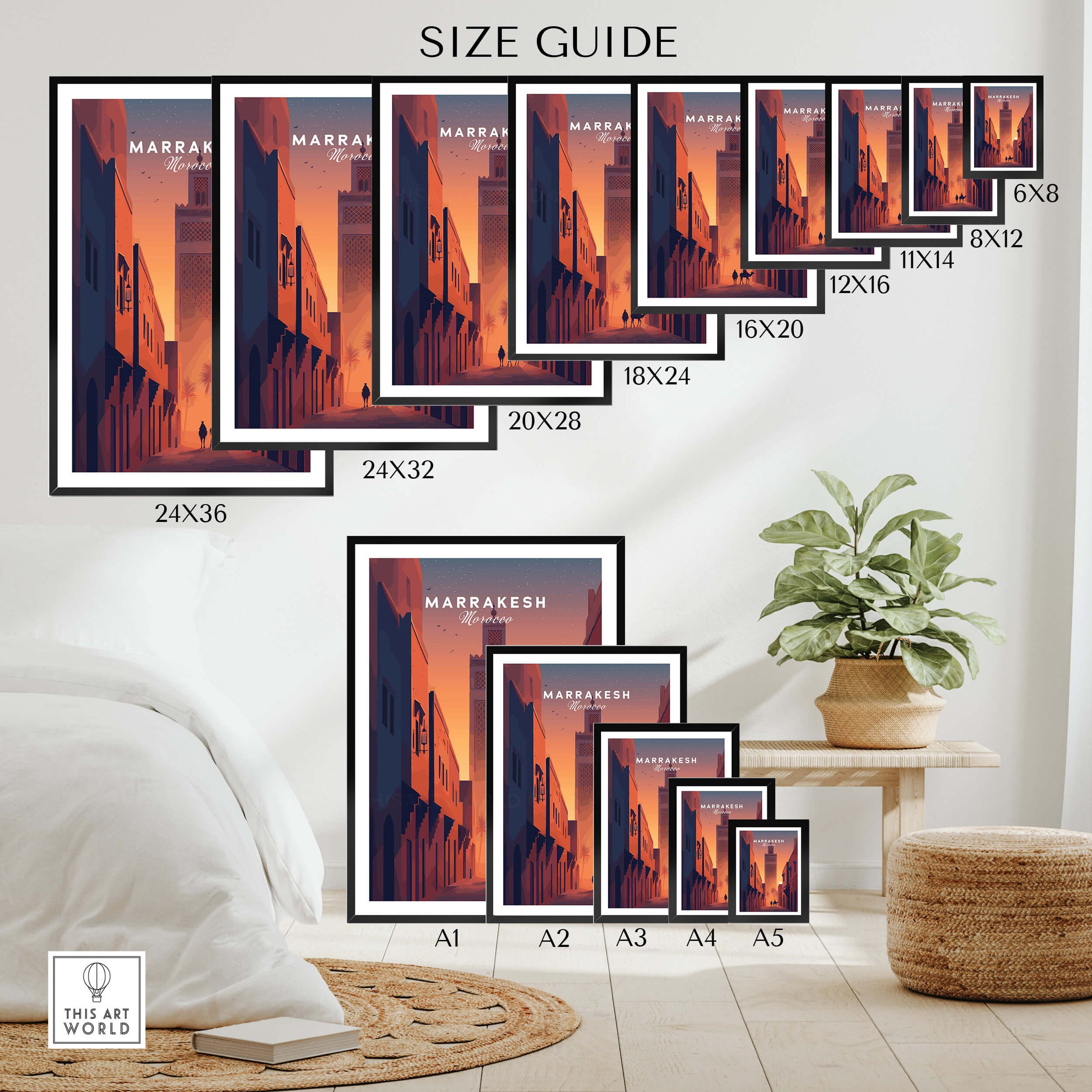Marrakesh Morocco Travel Poster | Iconic Koutoubia Minaret Wall Art Print size guide displaying various frame options.