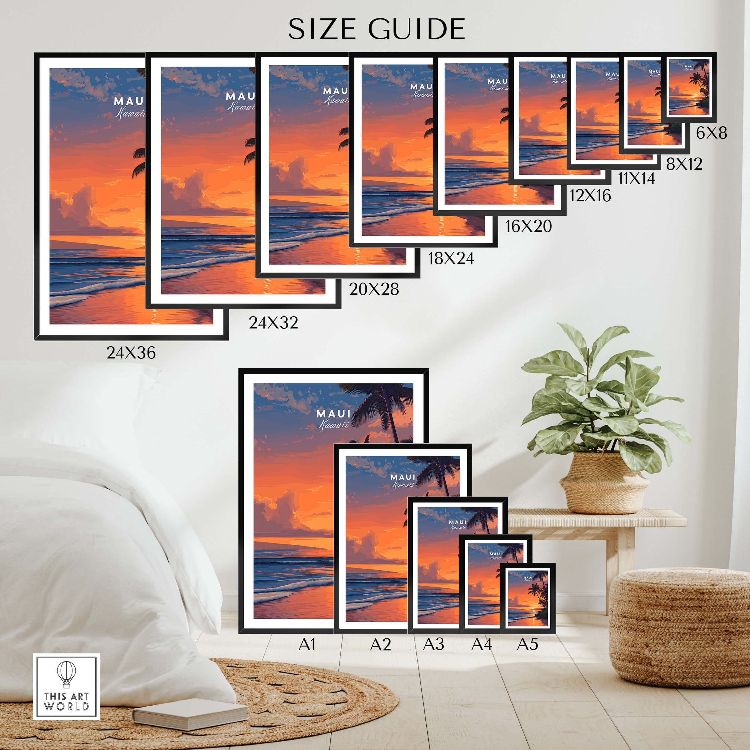 Maui Hawaii Wall Art Print | Tropical Beach Sunset Travel Poster size guide showcasing various frame sizes.