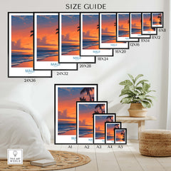 Maui Hawaii Poster | Vibrant Island Coastline Scene Canvas Print size guide showcasing various frame sizes on wall.