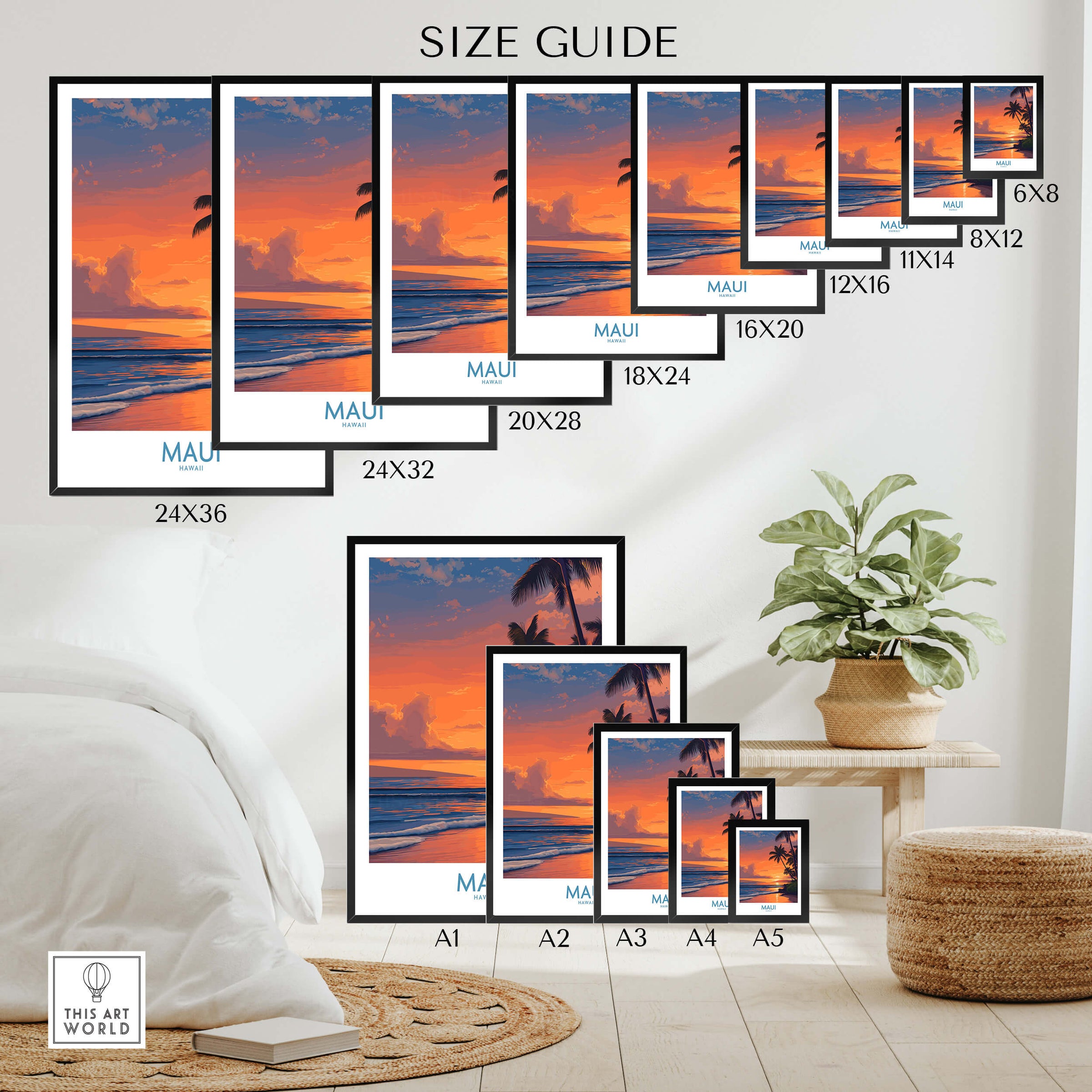 Maui Hawaii Poster | Vibrant Island Coastline Scene Canvas Print size guide showcasing various frame sizes on wall.